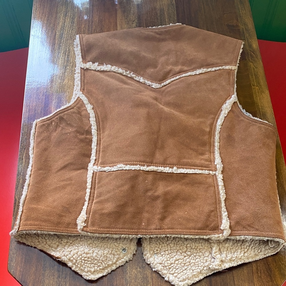 Vintage Brown Suede Mens Vest with Shearling Trim - Picture 3 of 3